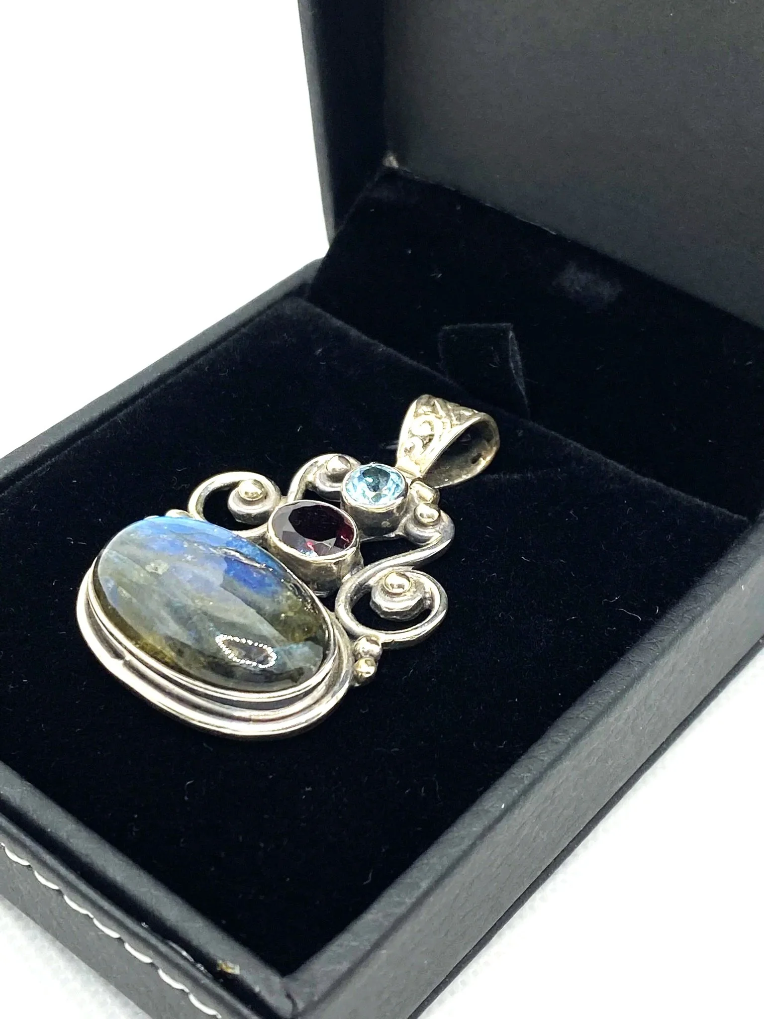 Labradorite, Garnet & Blue Topaz Pendant