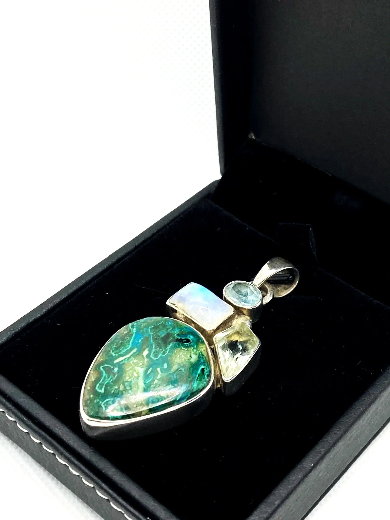 Chrysocolla, Moonstone, Lemon Quartz & Blue Topaz Pendant