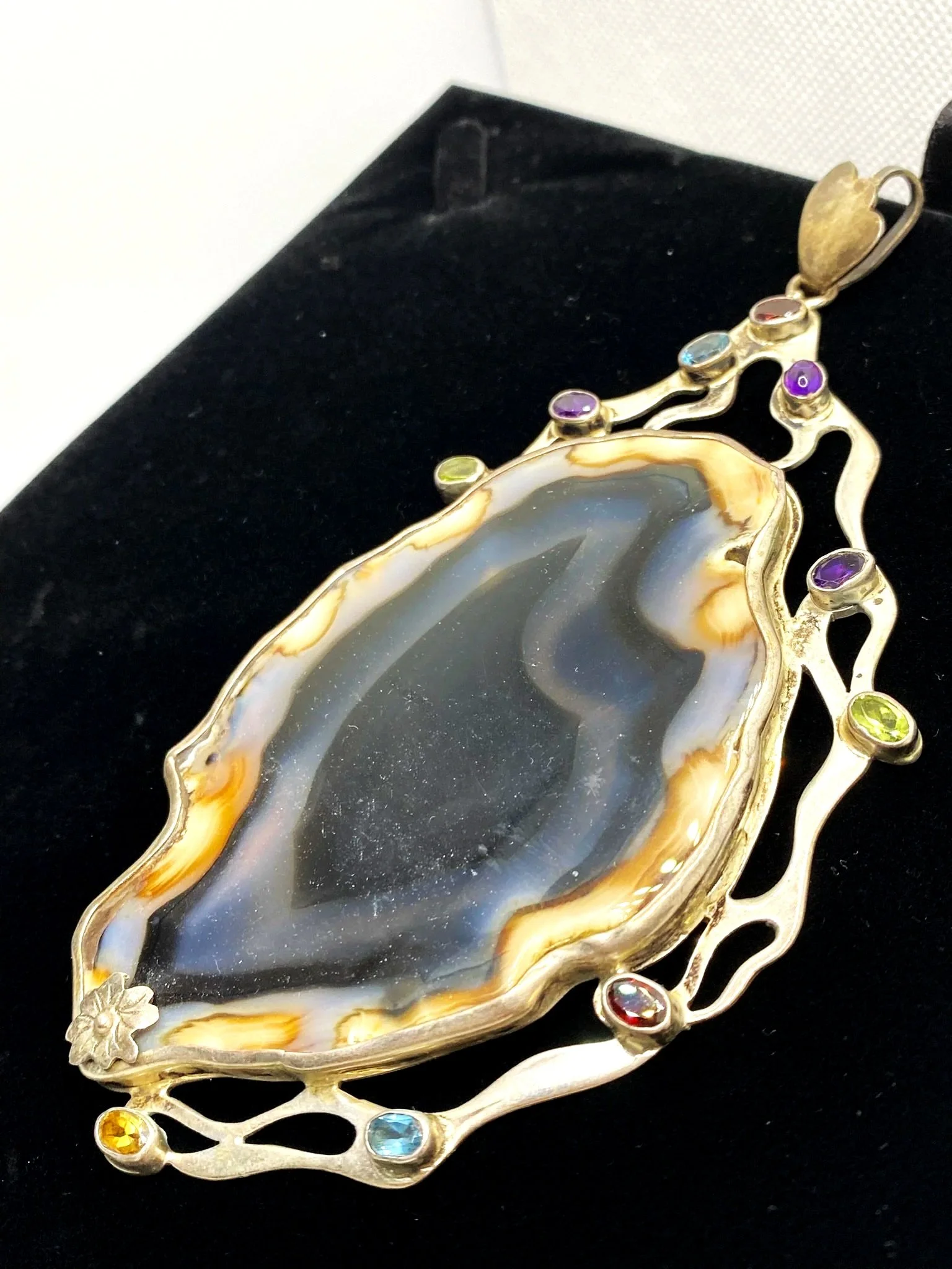 Agate Slice with Chakra Stones Encased in Sterling Silver