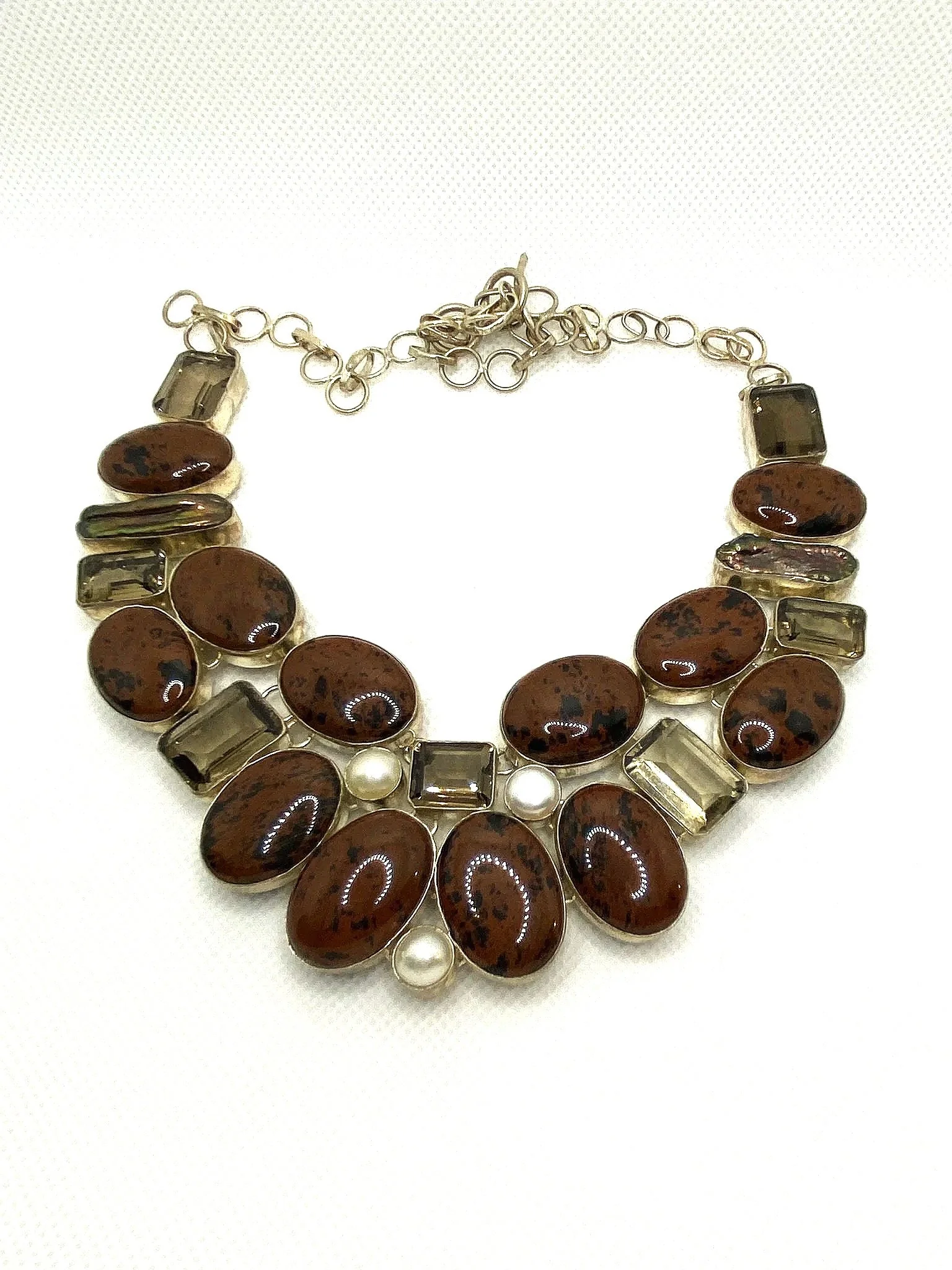 Bloodstone, Lemon, Smokey Quartz and Pearl Sterling Silver Necklace