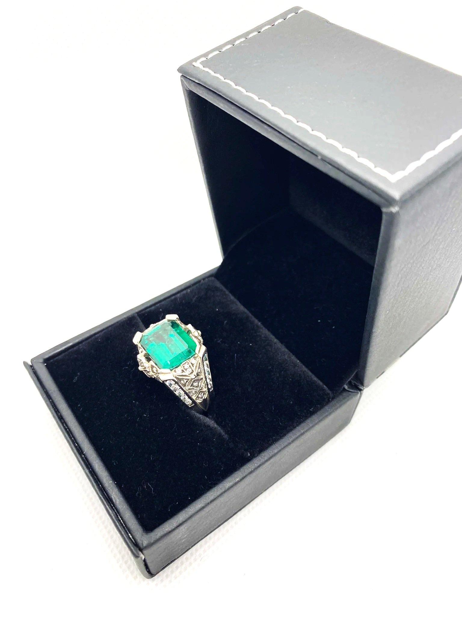 Emerald & Zircon (60) Baguette Cut (S8.5) Sterling Silver Ring