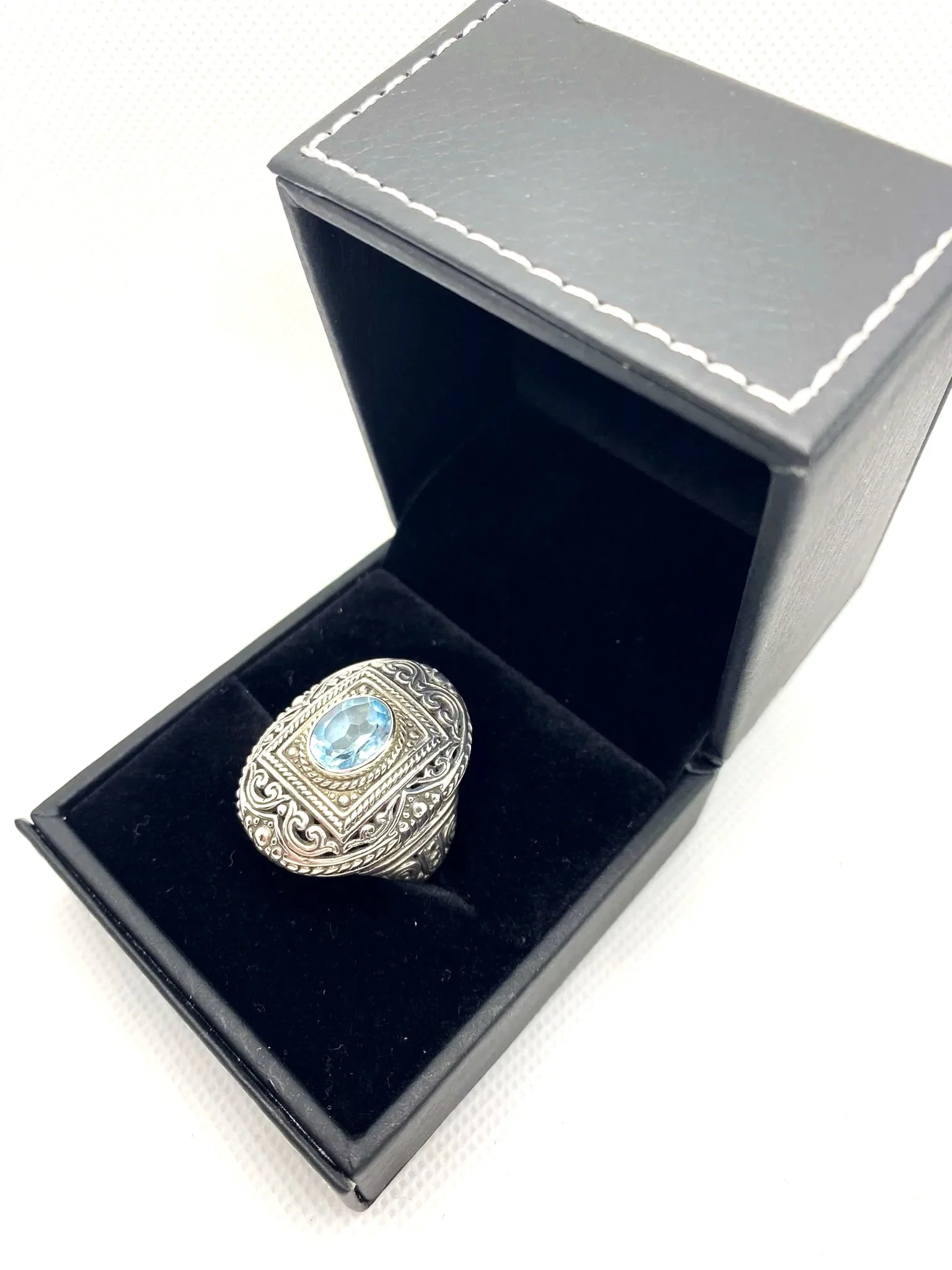 Blue Topaz (S8.5) Old English Sterling Silver Ring