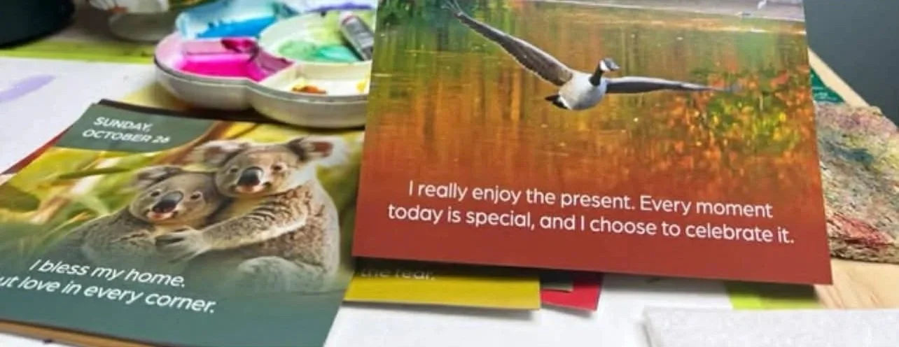 Artwork with affirmations. Images of Koalas and Birds, with text overlay that reads "I really enjoy the present. Every moment today is special and I choose to celebrate it.  I bless my home with love in every corner.