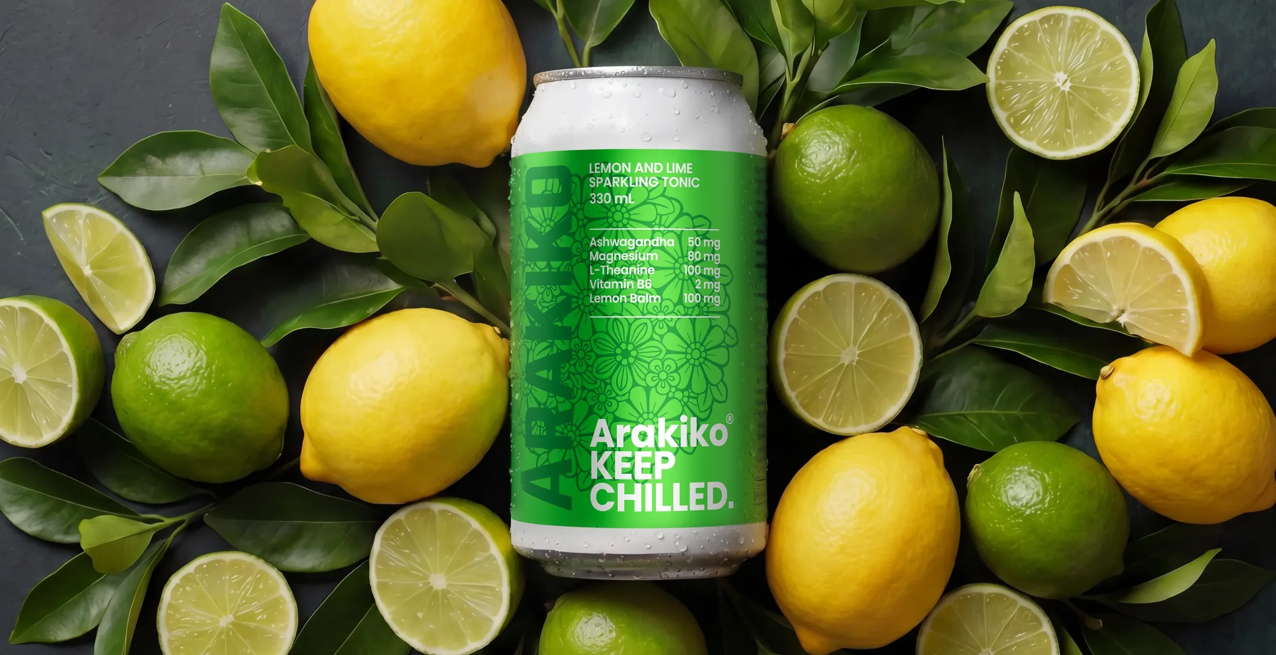 A can of Arakiko Lemon and Lime Sparkling Tonic surrounded by whole and sliced lemons and limes.