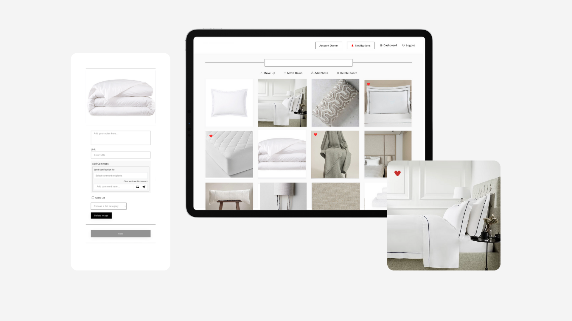 Dorah interface displaying curated linens and bedding moodboard with editable item details and client communication tools.