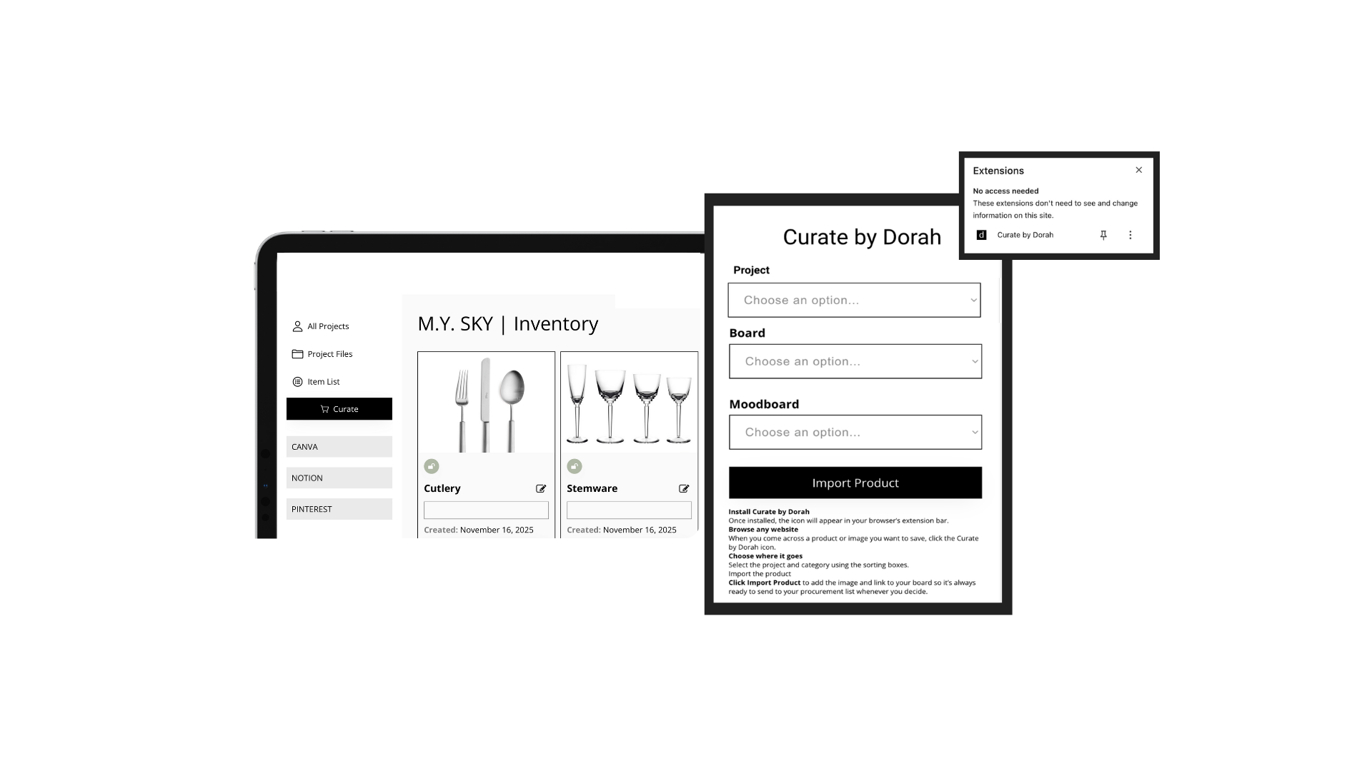 Screenshot of an online inventory management system with sections for projects, project files, item list, and a curating feature for different products like cutlery and stemware.