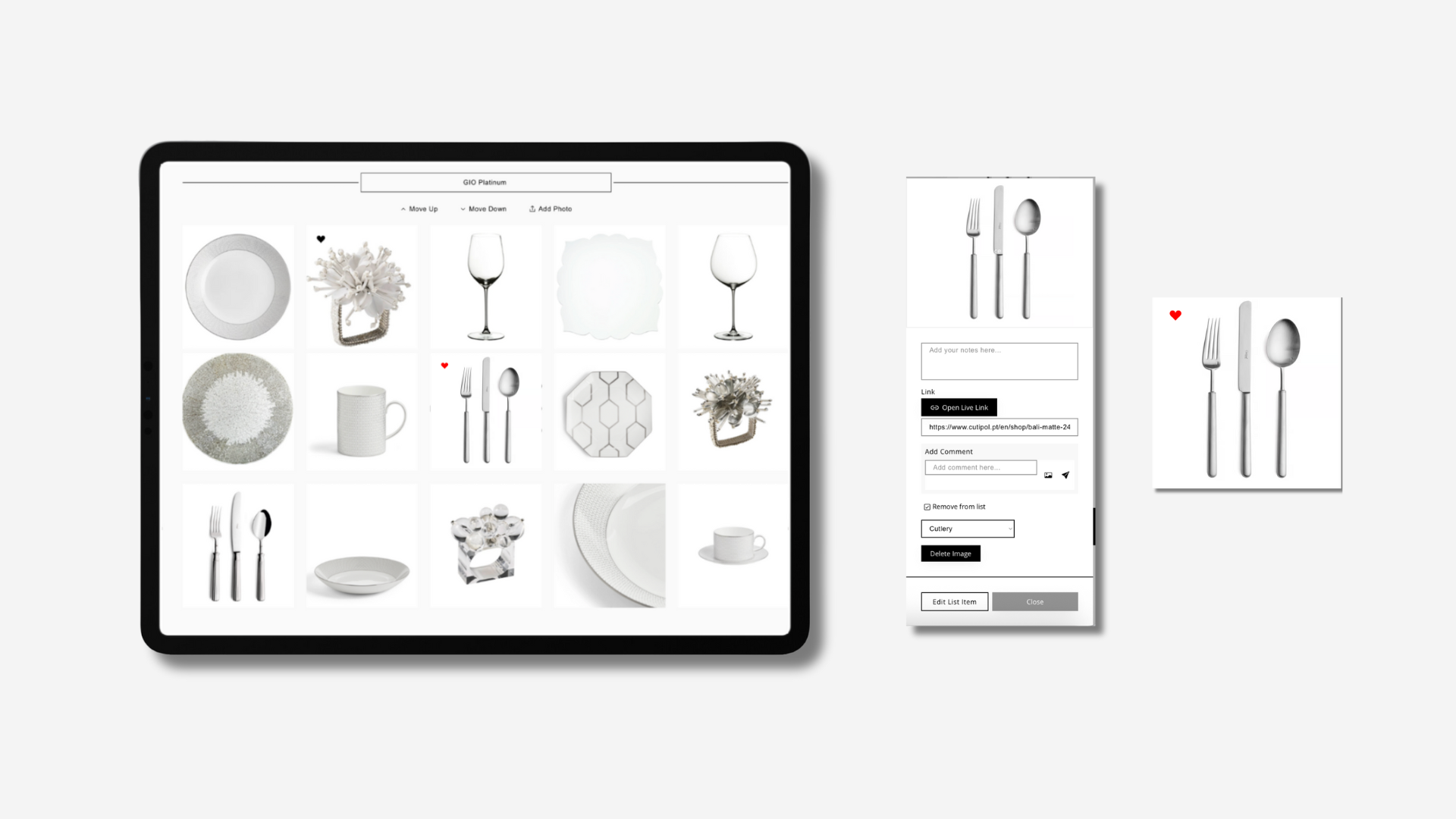 Dorah interface showing interactive moodboard with linked product cards, comments, and category tagging for superyacht interior projects.