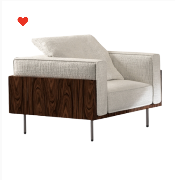 Contemporary armchair with walnut side panels and linen upholstery, featured in Dorah’s curated superyacht interior furniture collection.