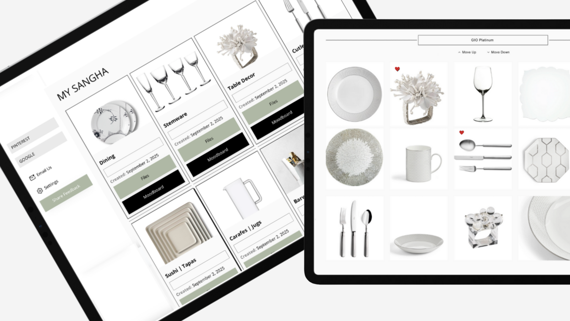 Dorah client view interface displaying curated dining, stemware, and décor selections from a superyacht interior project.