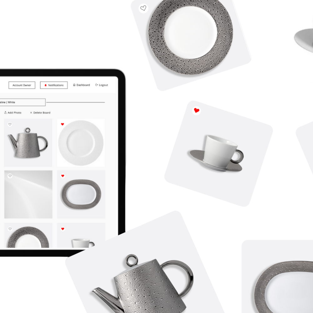 Dorah interface showing curated moodboard of superyacht tableware, including plates, cups, and teapots in a modern, minimalist layout.