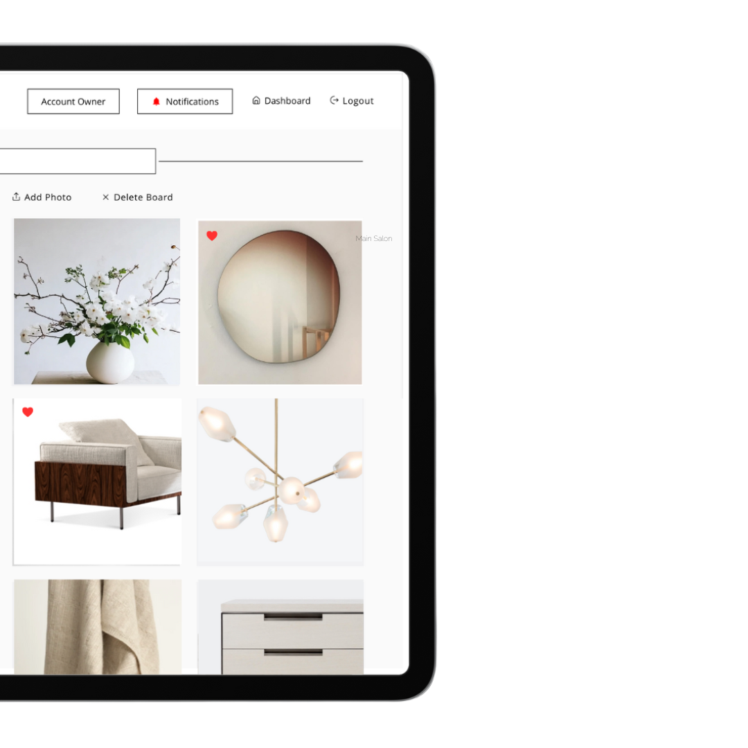 Tablets screen displaying a home decor app with images of a flower arrangement, a round mirror, a sofa, a chandelier, a curtain, and a drawer.