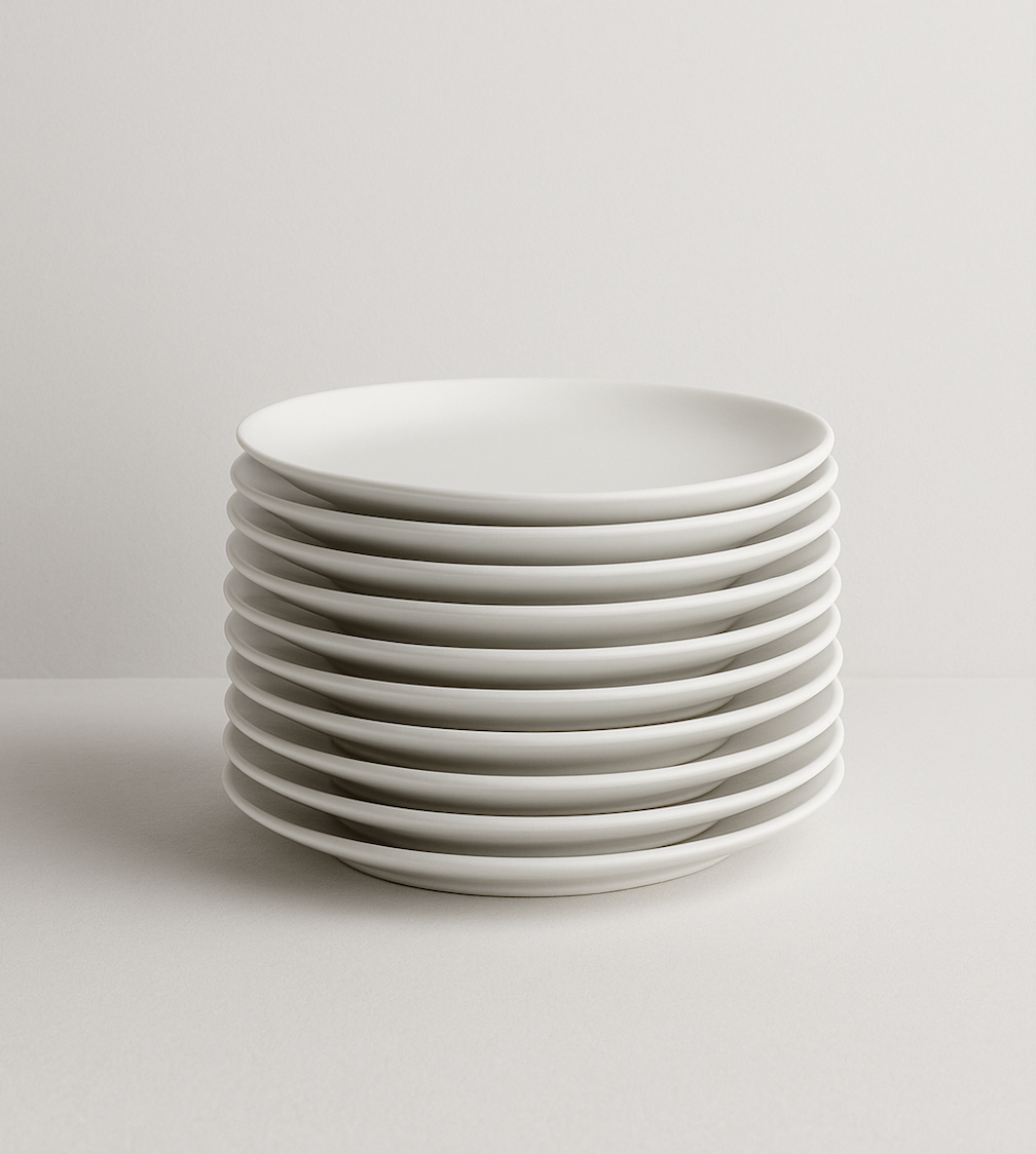 Stack of ten white ceramic plates on a white surface against a white background.