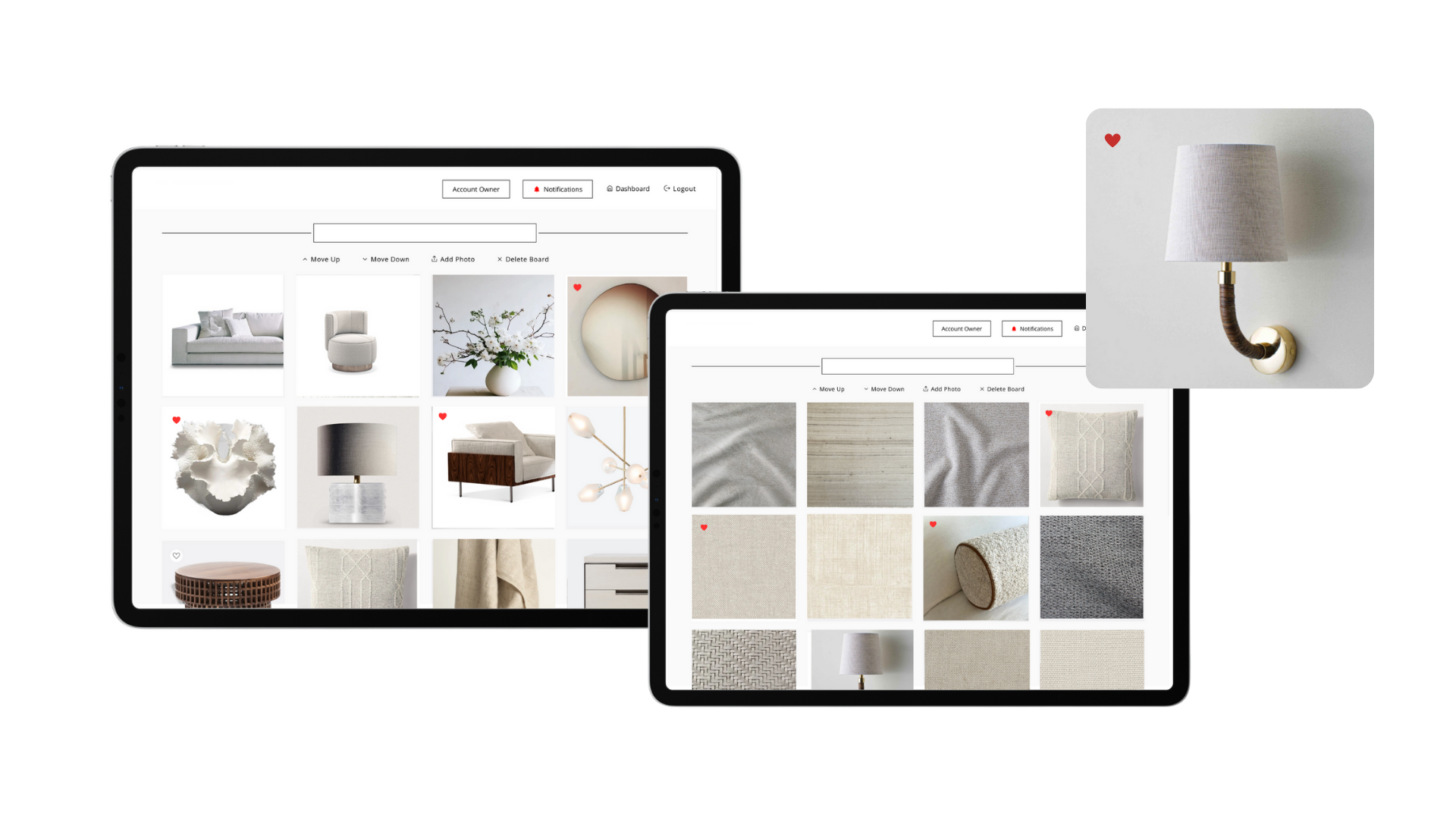 Dorah interface showing curated furniture and material moodboards for superyacht interiors, with favourited items and detailed fabric swatches.