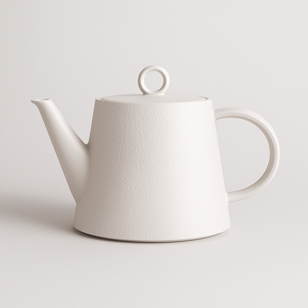 A white ceramic teapot with a textured surface, a curved handle, and a round lid with a loop handle, set against a plain white background.