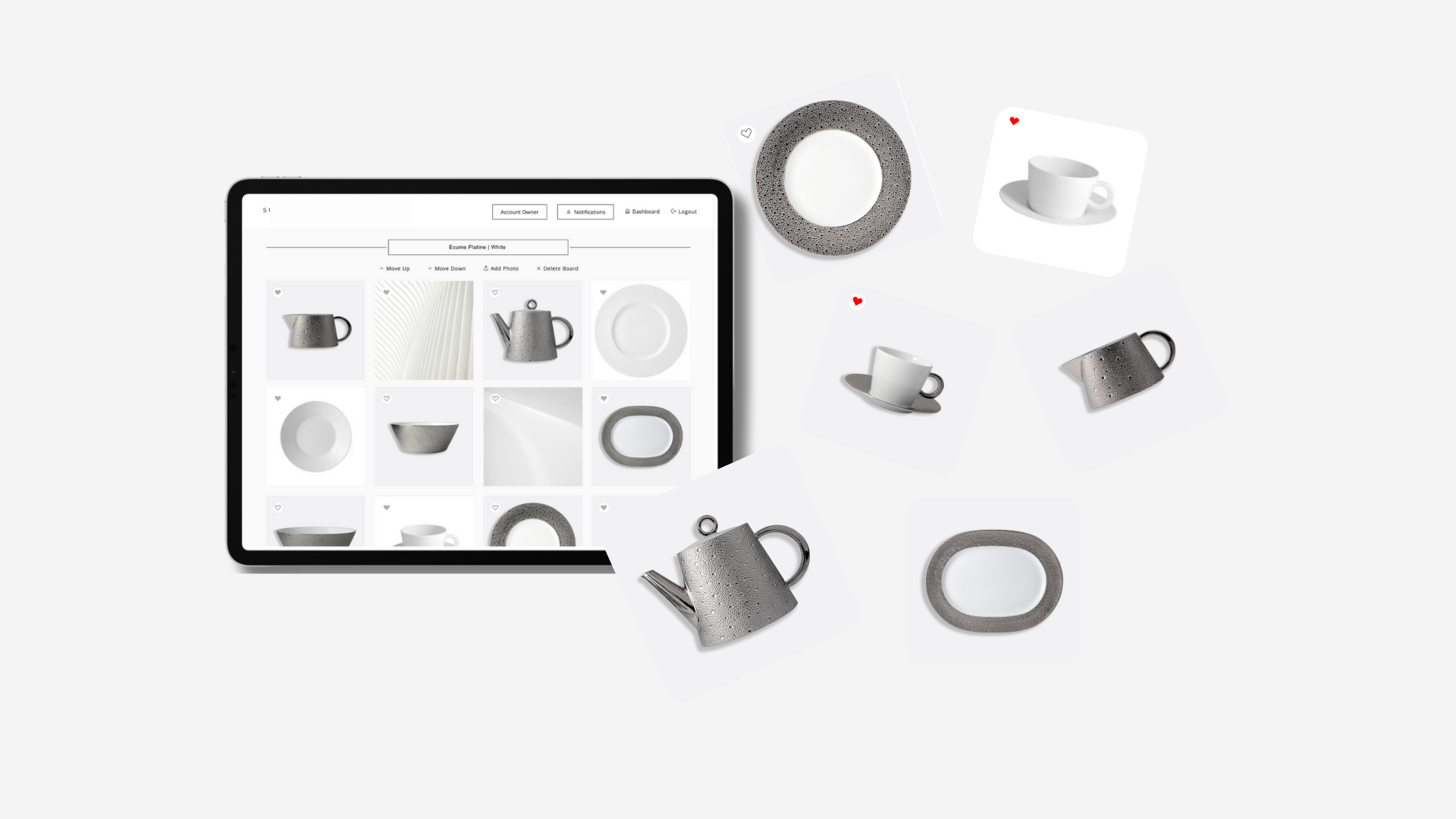 Dorah interface showing curated moodboard of superyacht tableware with floating product visuals representing design iteration and selection refinement.