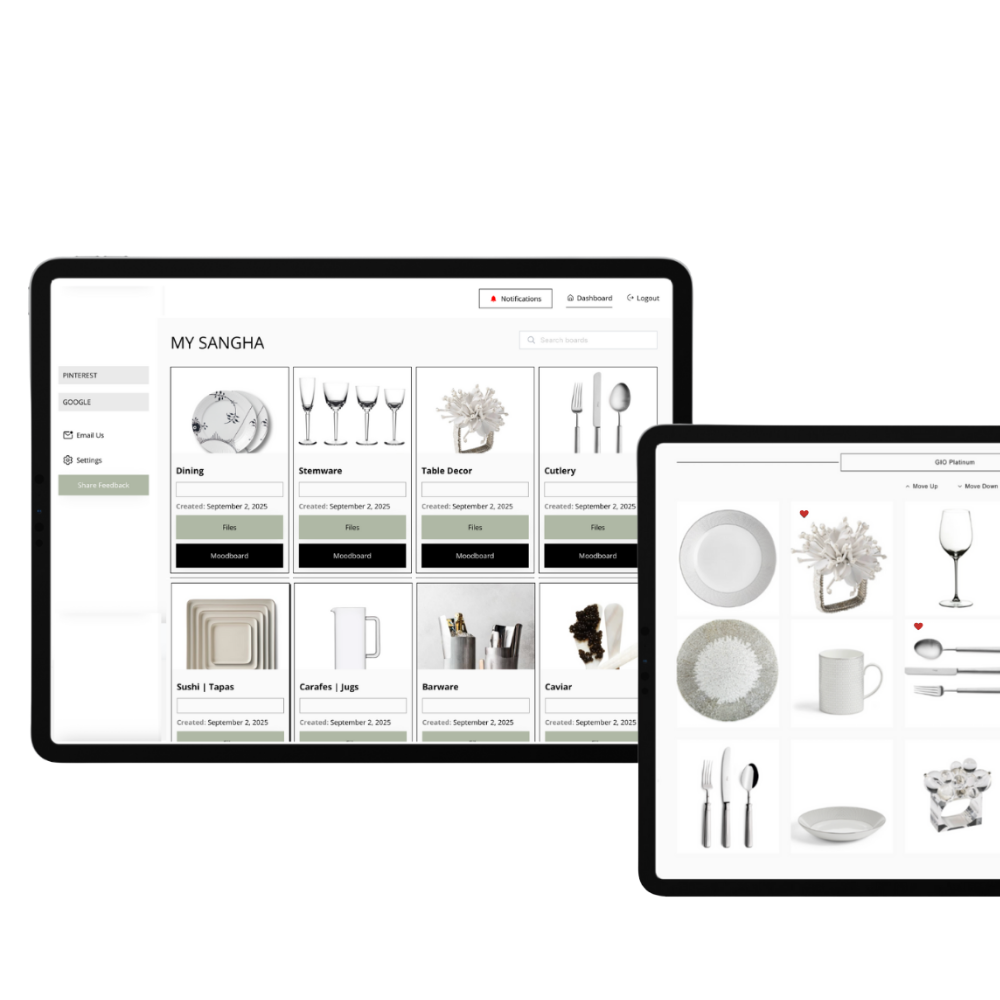 Dorah client portal interface displaying organised project boards for dining, stemware, and table décor within a superyacht interior project.