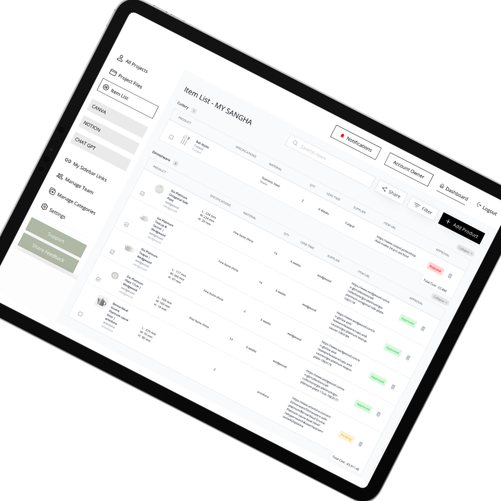 dorah software showing the master item list on an iPad