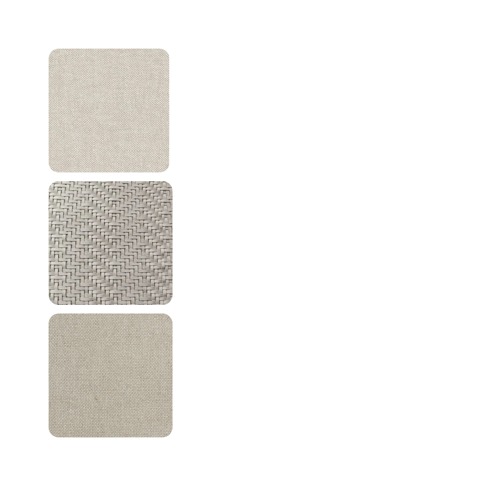 Three fabric swatches stacked vertically, with textures including plain woven, basket weave, and plain woven again in neutral tones.