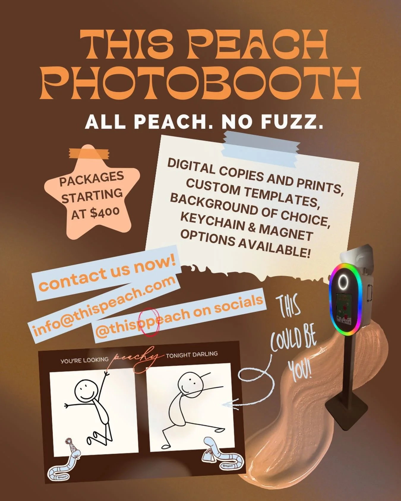 life is sweet, but your photos should be sweeter. 🍑✨

no fuzz, just all the vibes! whether it&rsquo;s a wedding, a birthday, or just a tuesday that needs more sparkle, this peach photobooth is here to make it unforgettable.

ready to look peachy? hi