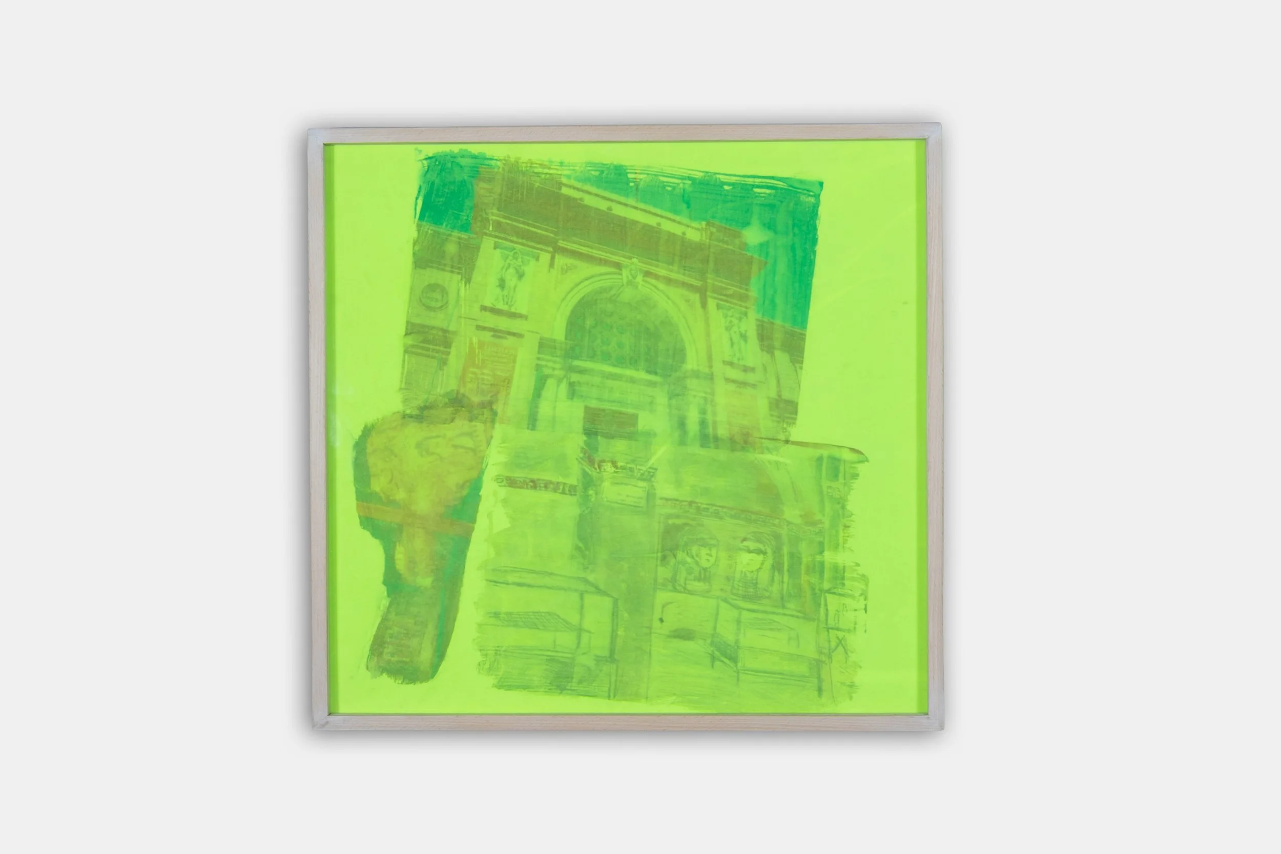 Museum of Egyptian Antiquities,
2025 Solvent transfer collage, oil paint on fabric 17 ¾ x 17 ¾ inches