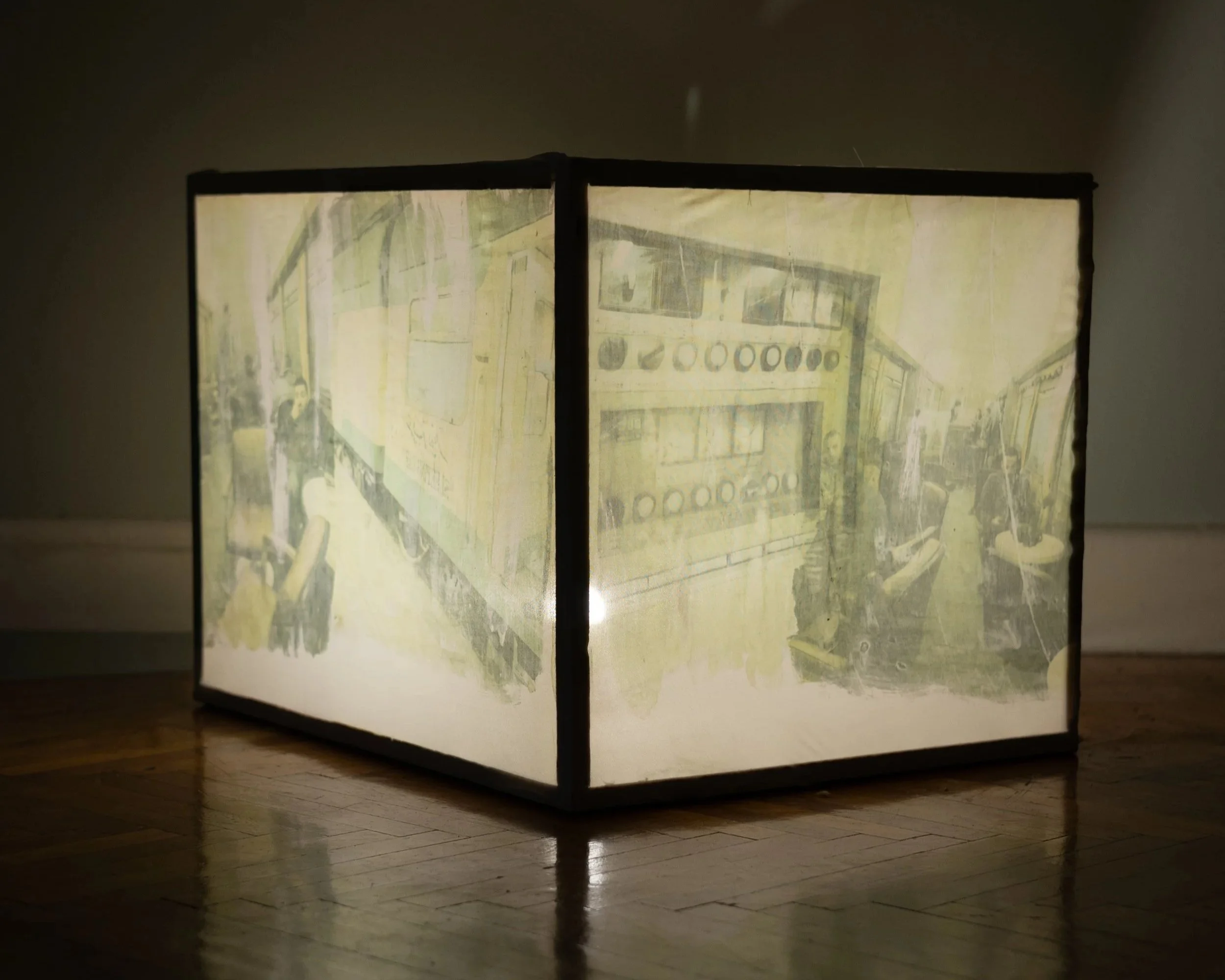 Train to Luxor, 2026
Mixed media on canvas and wooden frame with light 23 x 18 x 18 inches