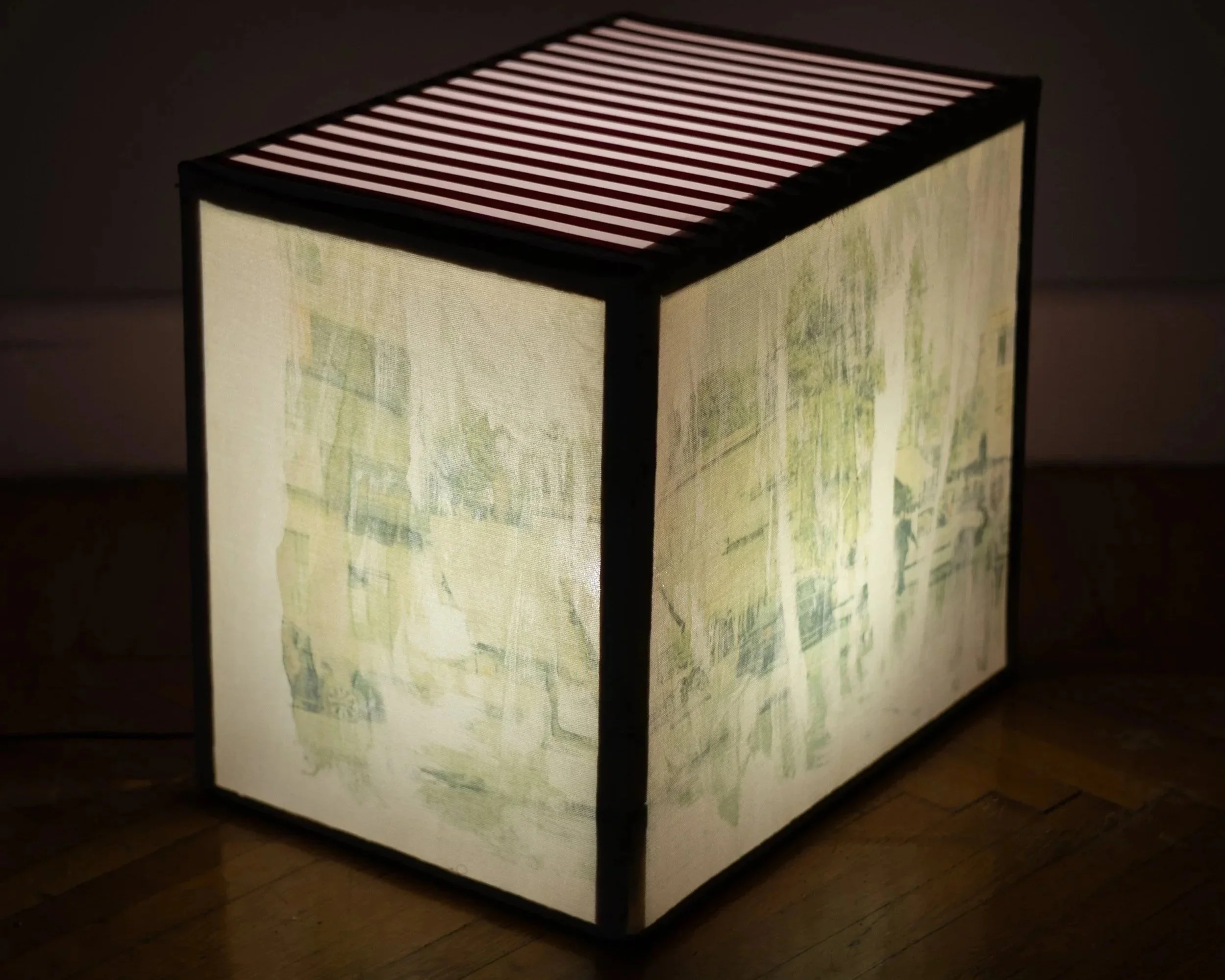 Walks to Wekala, 2026
Mixed media on canvas and wooden frame with light 15 x 11 x 13 inches