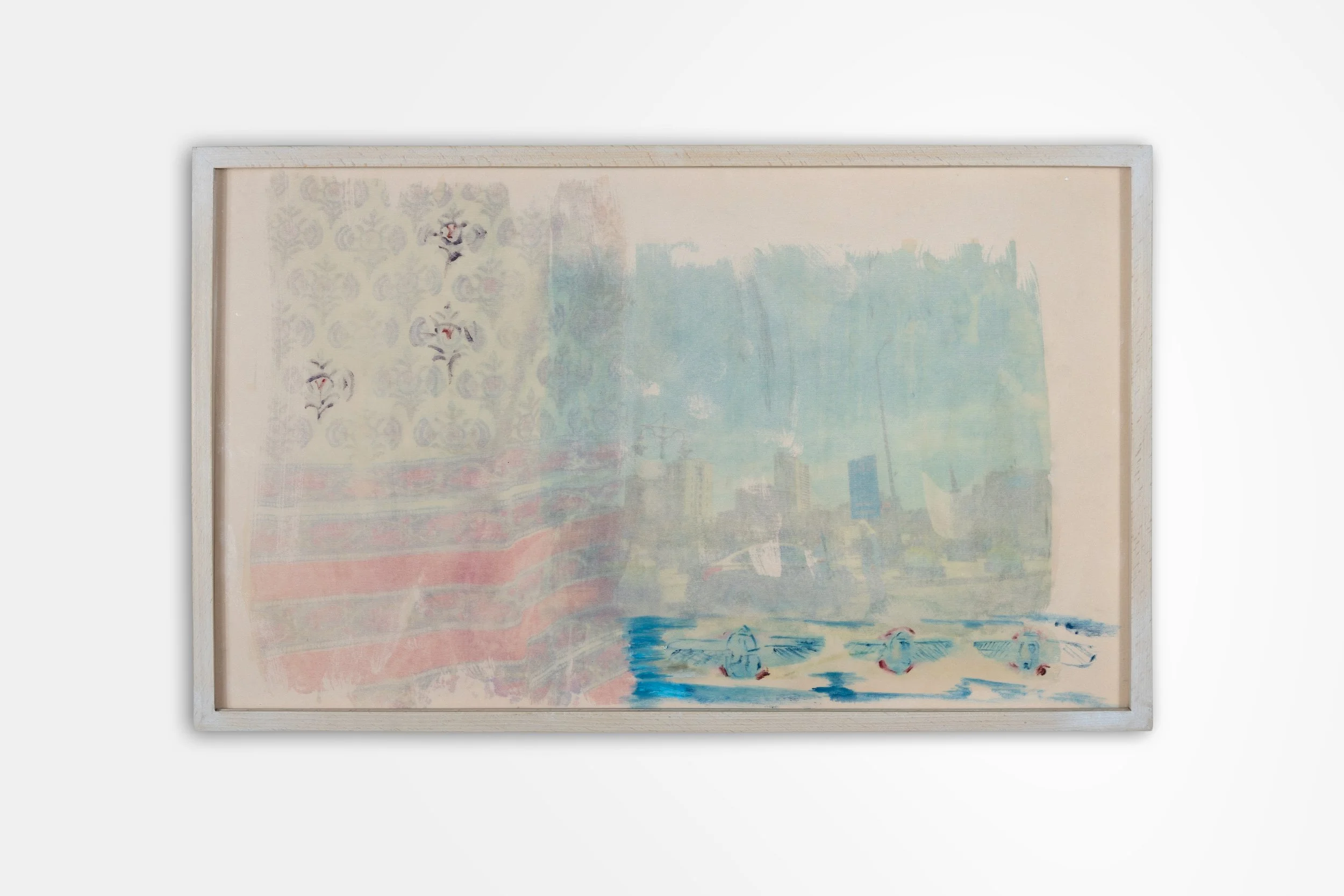 Scarab Skyline, 2025 Solvent transfer collage, oil paint on fabric 20 x 13 inches