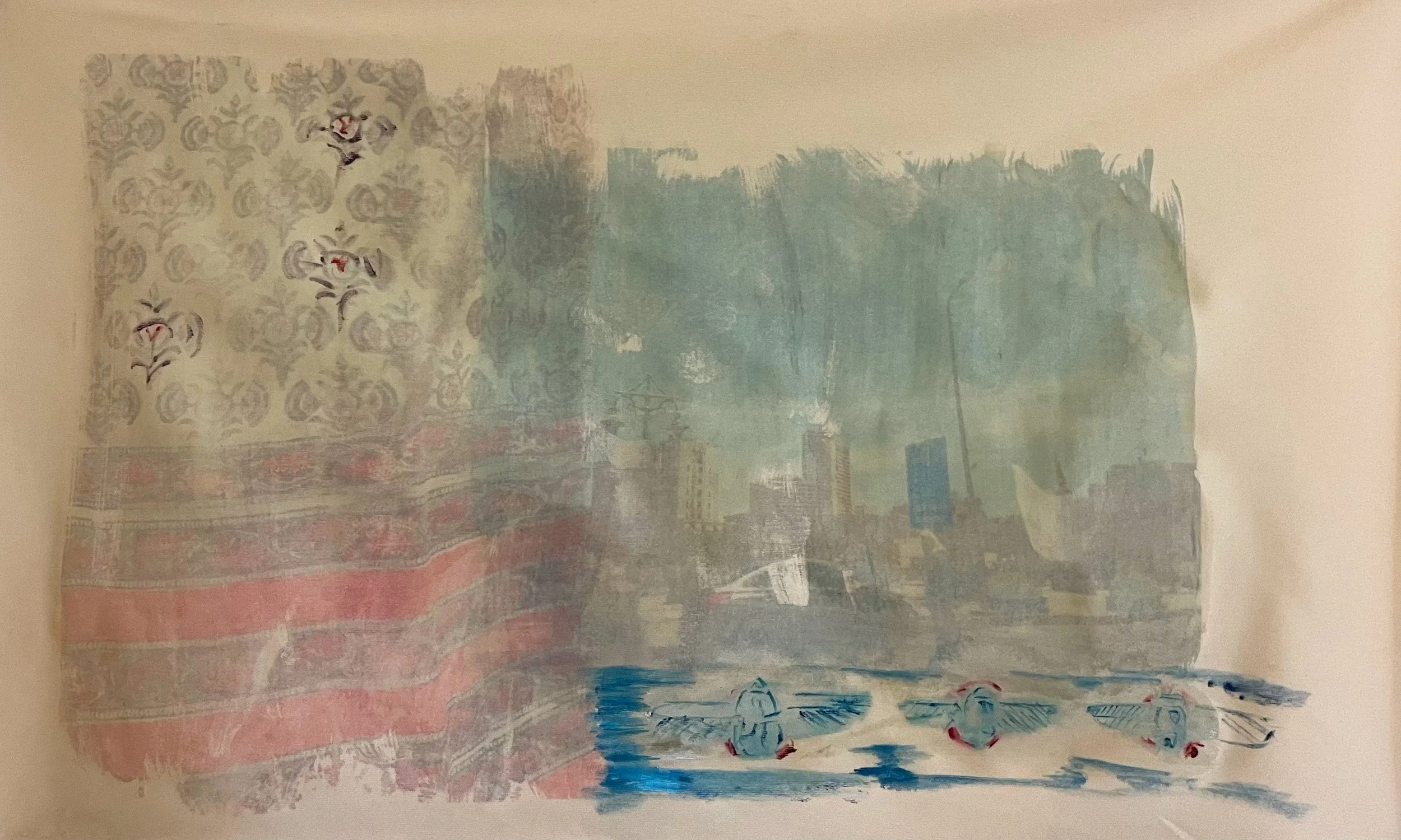 Scarab Skyline, 2025
Mixed media on fabric
13.8 × 22.8 in | 35 × 58 cm