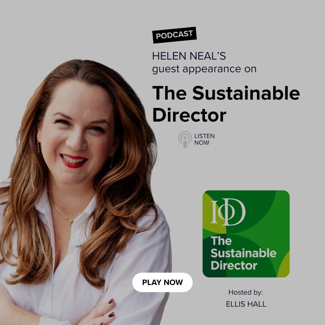 A promotional graphic featuring Helen Neal, smiling with long brown hair, for a podcast episode titled 'The Sustainable Director,' hosted by Ellis Hall, with a 'Play Now' button.