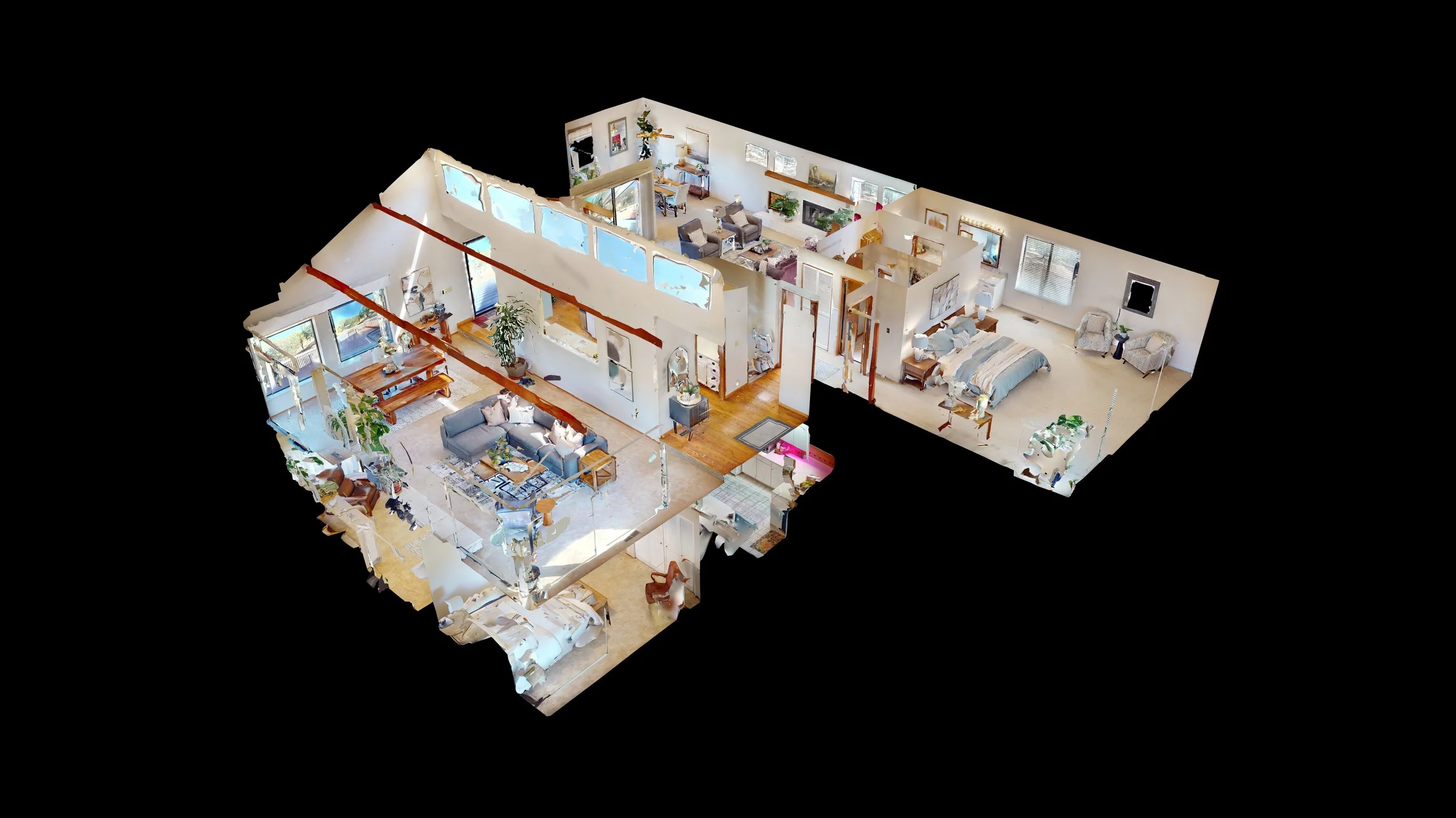 3D floor plan of a house showing living room, dining area, bedroom, and other rooms with furniture.