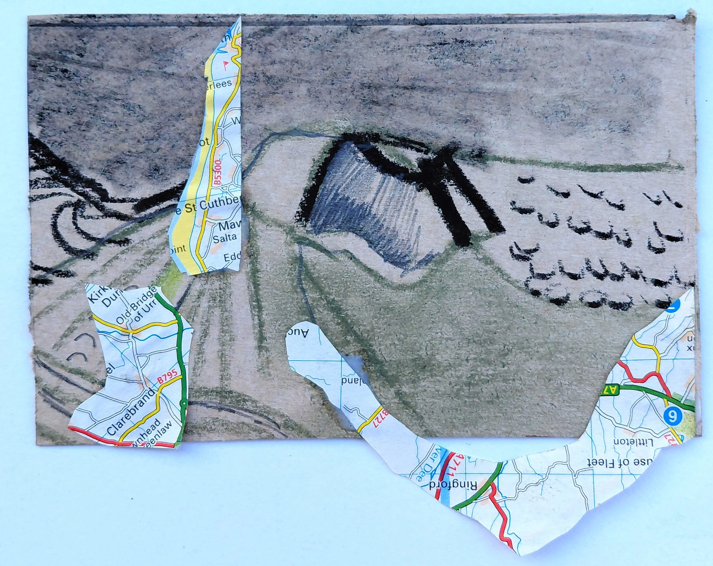 Souvenir Landscape. Charcoal and collage map on cereal box - Kelly Norman (@atistkellynorman)