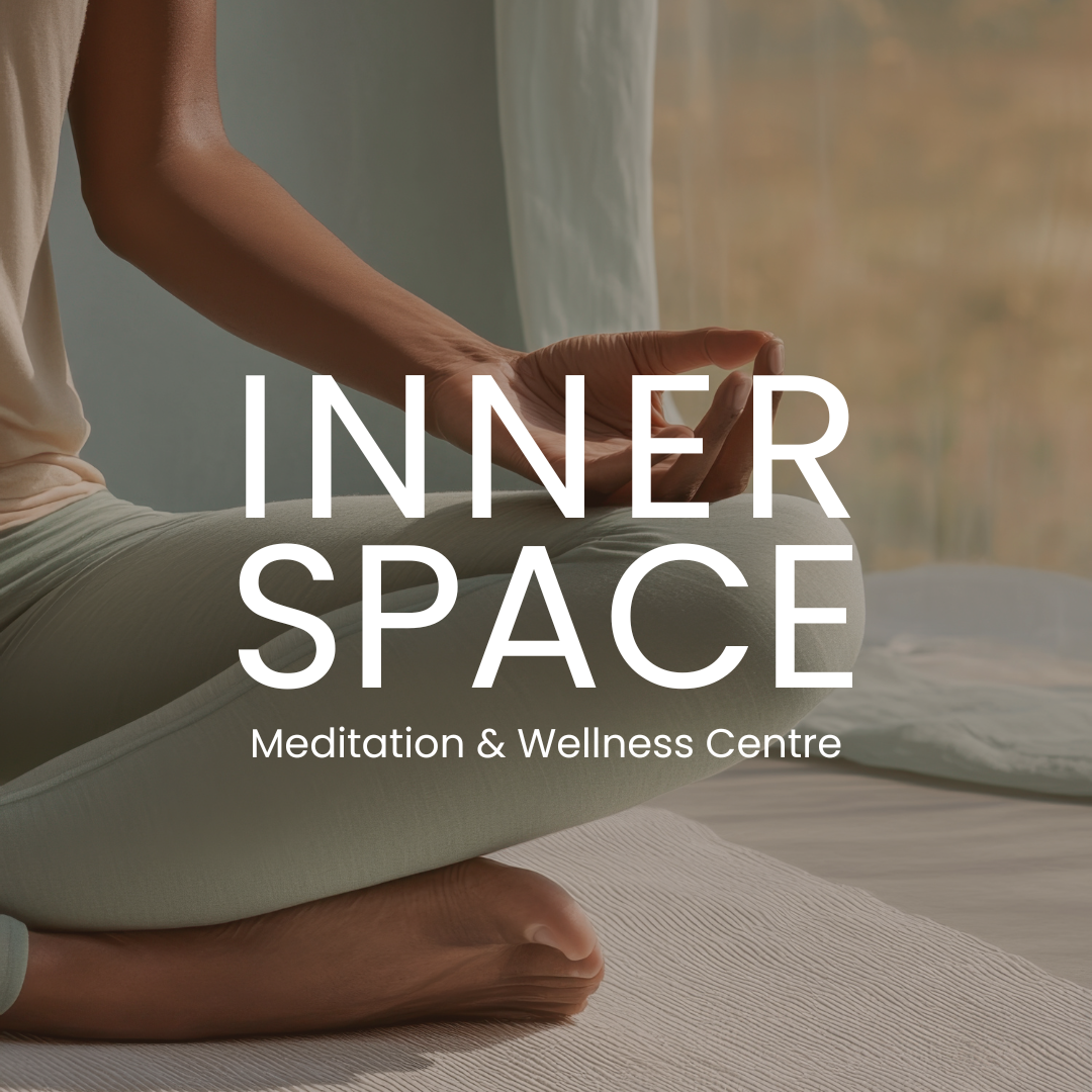 A person sitting cross-legged on a yoga mat, practicing meditation, with a calming background. Overlaid text reads 'Inner Space Meditation & Wellness Centre'.