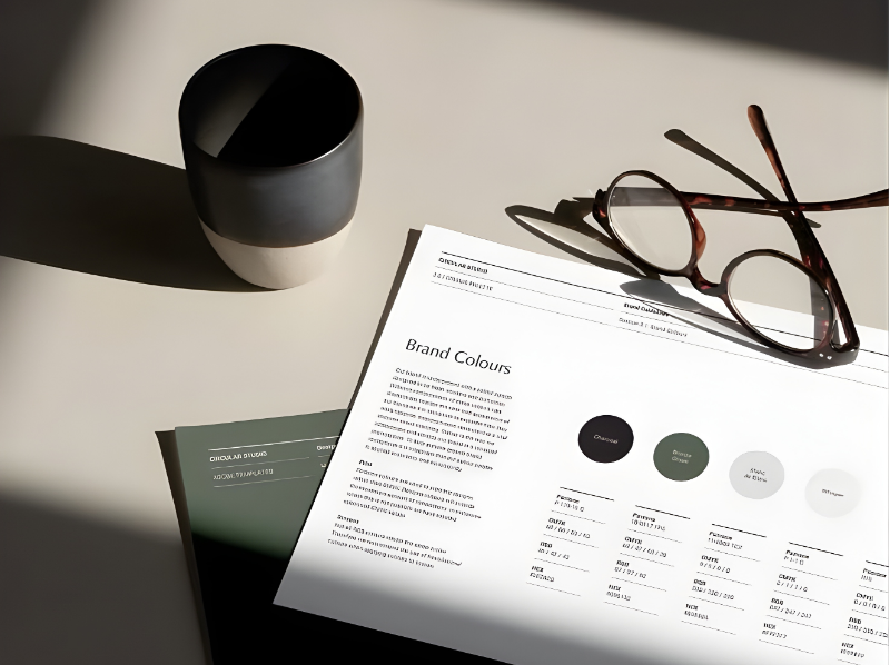 A table with a black and white ceramic cup, a sheet of paper titled "Brand Colours" with color samples and codes, a pair of eyeglasses, and a green booklet or folder, all illuminated by sunlight with shadows.