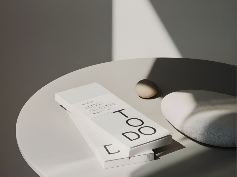 A minimalist white table with a folded magazine titled "Tatoo" or "Tattoo," a small round stone, and a larger smooth white rock, with natural lighting casting shadows.