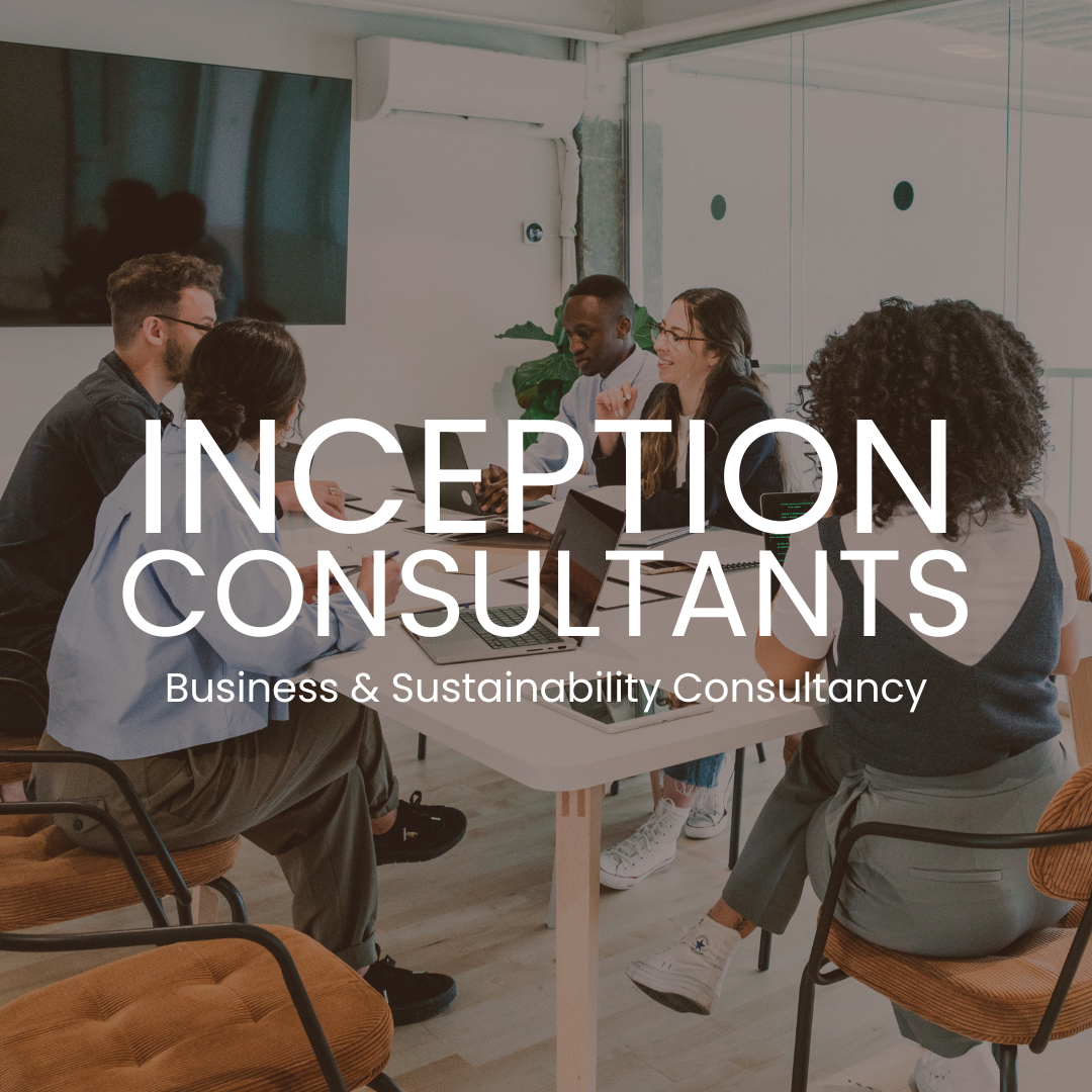 A diverse group of people sitting around a table in a meeting room, engaged in discussion. The room has a large TV on the wall, a glass window, and some greenery. Overlaid text reads 'Inception Consultants, Business & Sustainability Consultancy.'