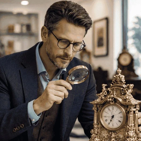 Mann schaut mit einer Lupe auf einen alte Uhr im herner Antiquitätenhandel