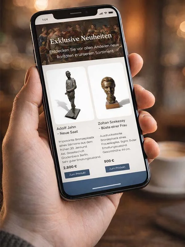 Hand hält ein Smartphone mit einem Antiquitäten Newsletter vom Kunsthandel Ruhr