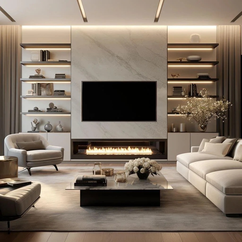Living room with a TV set into a marble wall above a linear fire, with lit built-in shelving either side