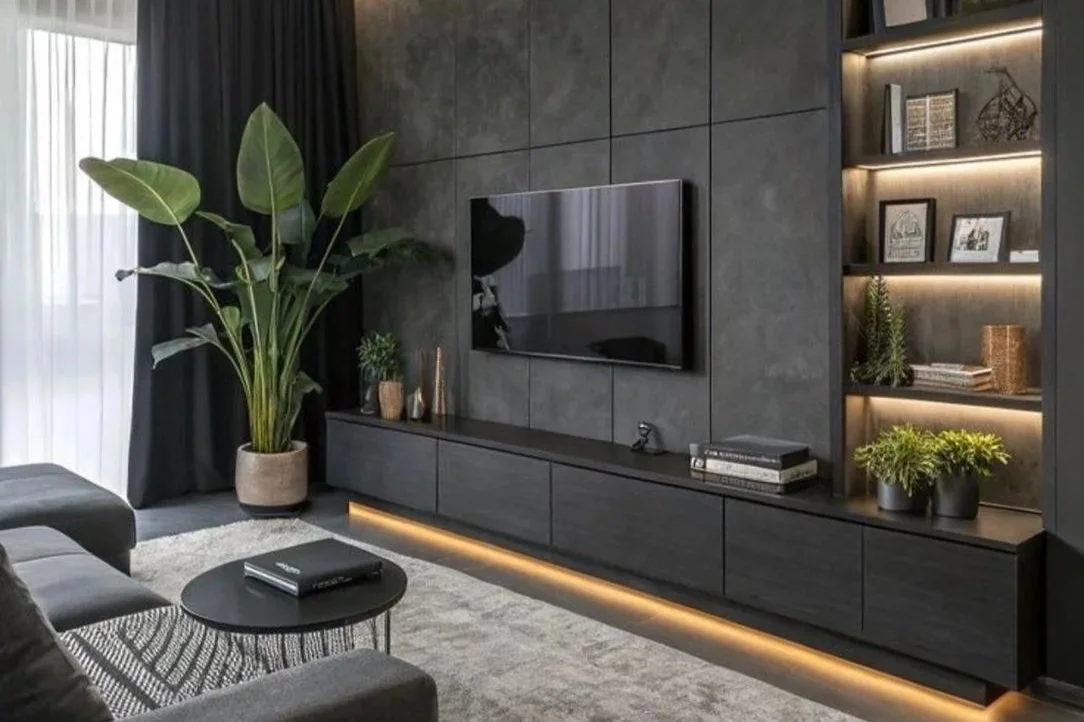 Media wall with a wall-mounted TV, lit shelving and a low cabinet with LED under-lighting