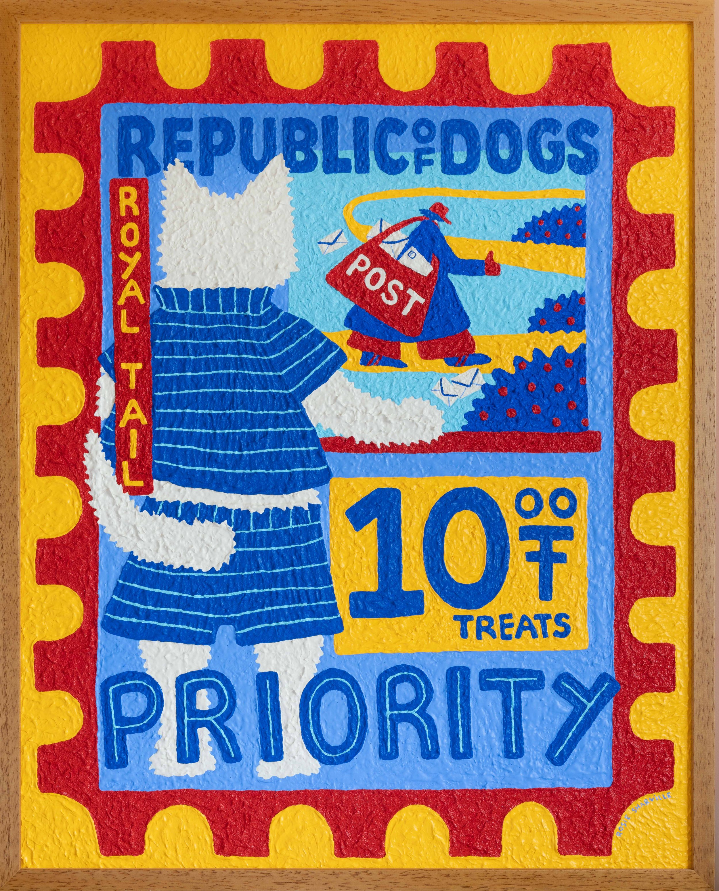 Colorful illustration that resembles a postage stamp with a border of red and yellow scalloped edges. It features a white cartoon dog wearing a blue striped shirt seen from behind. The dog faces a farmer with a red hat, blue coat, and red boots, walking through a field with rows of red and blue crops. The farmer carries a red bag, labeled "POST." The stamp has text that reads "REPUBLIC DOGS" at the top, "ROYAL TAIL" on the left, and shows a large "10¢" with the word "TREATS" beneath it. The word "PRIORITY" appears at the bottom.