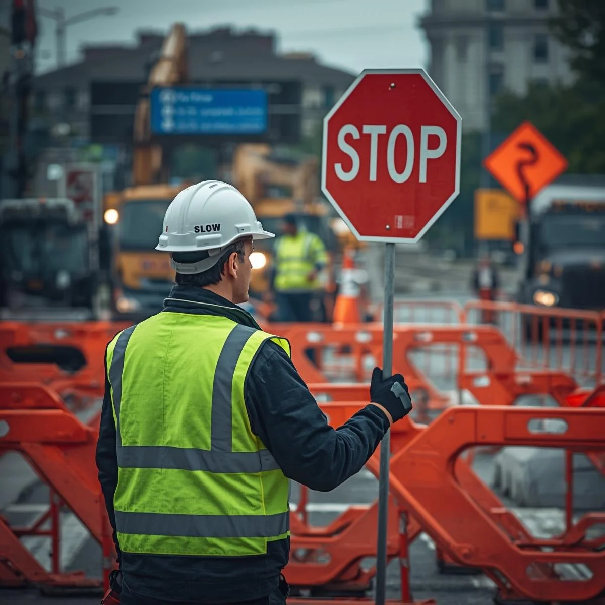 A construction worker in a yellow safety vest and white hard hat standing near a stop sign and holding it at a construction site with orange barriers and heavy machinery in the background.