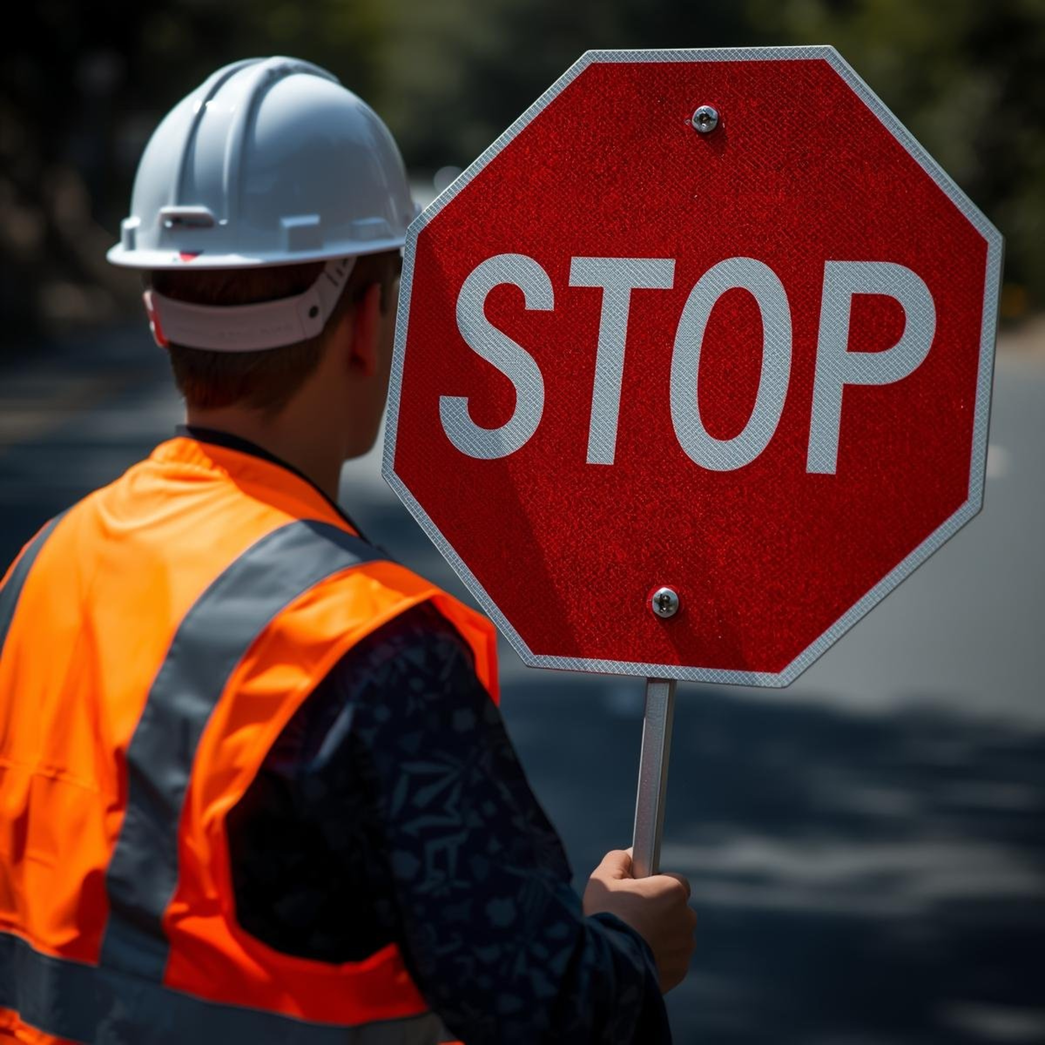 A person wearing a white safety helmet and an orange reflective vest holding a red stop sign on a road.