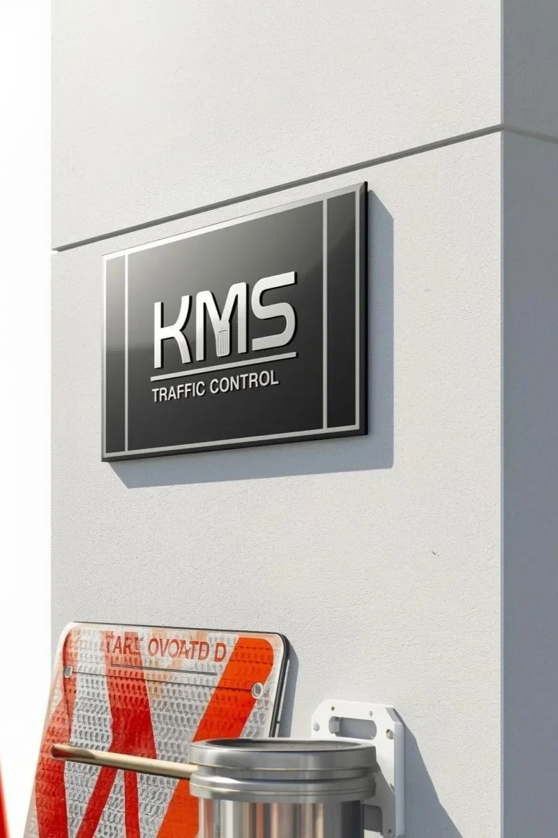 KMS Traffic Control sign on a white wall with a traffic cone and a trash can below it.