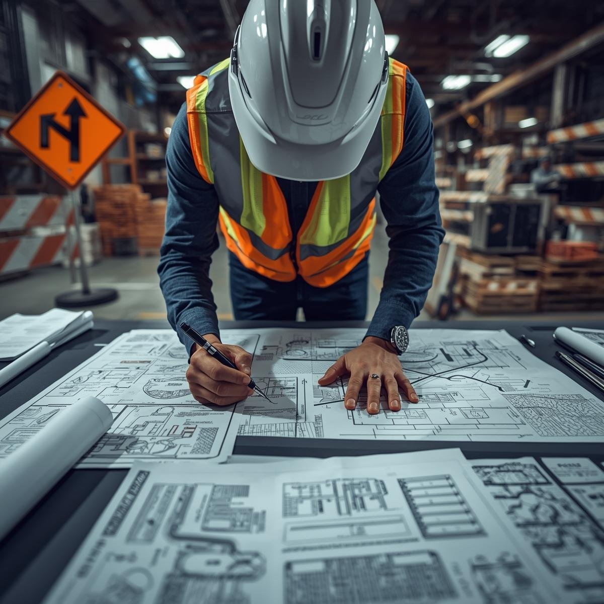A construction worker wearing a white safety helmet and a reflective safety vest is reviewing blueprints at a work table in a warehouse or construction site.