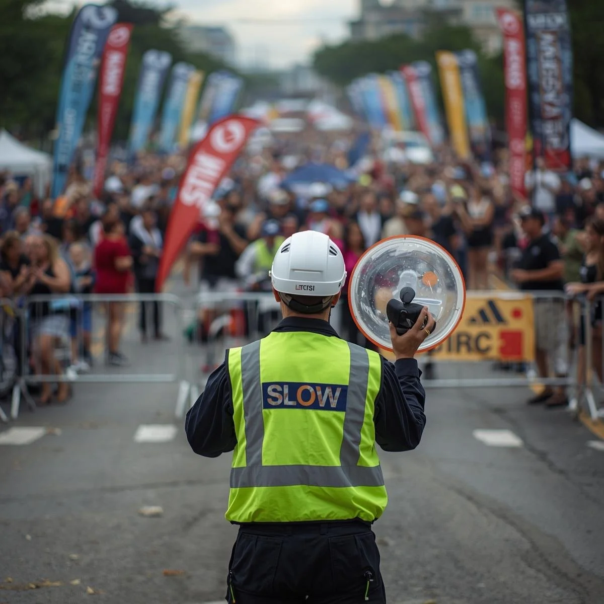A police officer wearing a yellow vest with 'SLOW' written on the back, holding a whistle, stands in front of a large crowd at an outdoor event or race, with barriers and flags lining the street.
