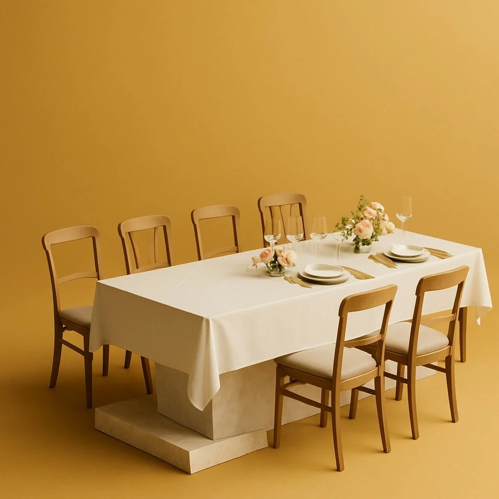 Ein gedeckter Esstisch mit sechs Stühlen, weißen Tellern, goldenen Bestecken, Wein- und Wassergläsern und Blumenschmuck vor einem gelben Hintergrund.