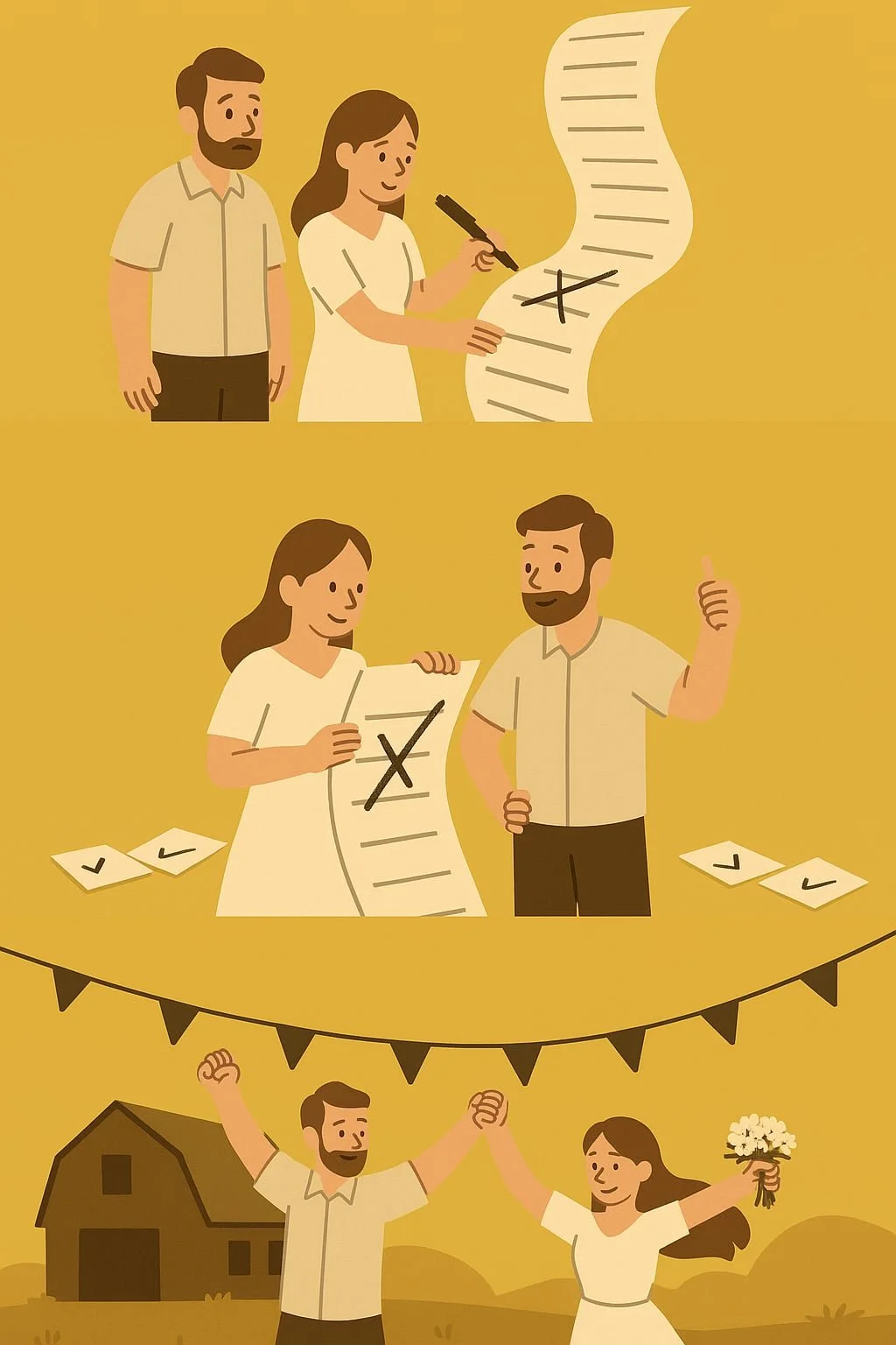 Eine Illustration einer Hochzeitszeremonie mit einem Brautpaar, das die Ehe gelobt hat und nun glücklich ist, umgeben von einem Haus und Natur in einem ruhigen, ländlichen Gebiet.