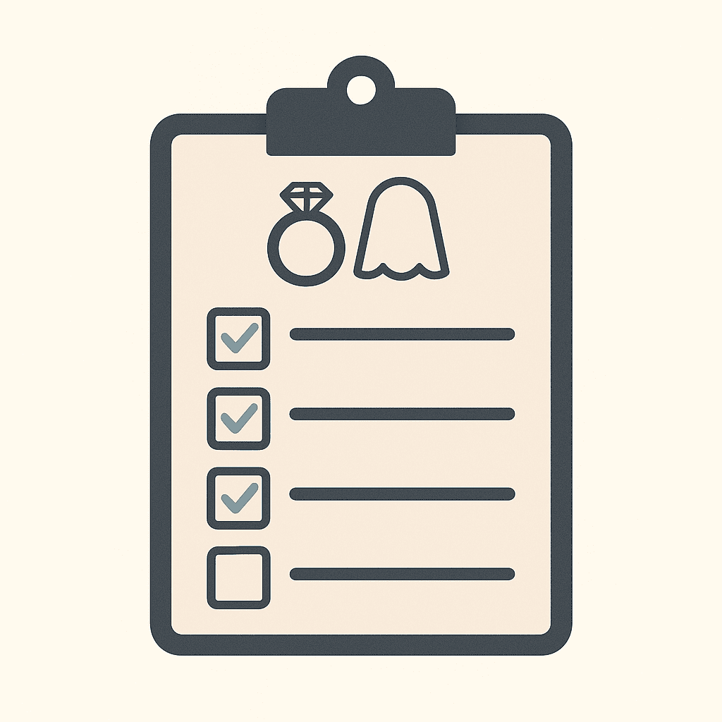 Symbolisches Bild eines Prüfprotokolls mit einer Verlobungsring- und Brautkleid-Ikone, einschließlich einer Checkliste mit markierten Häkchen.