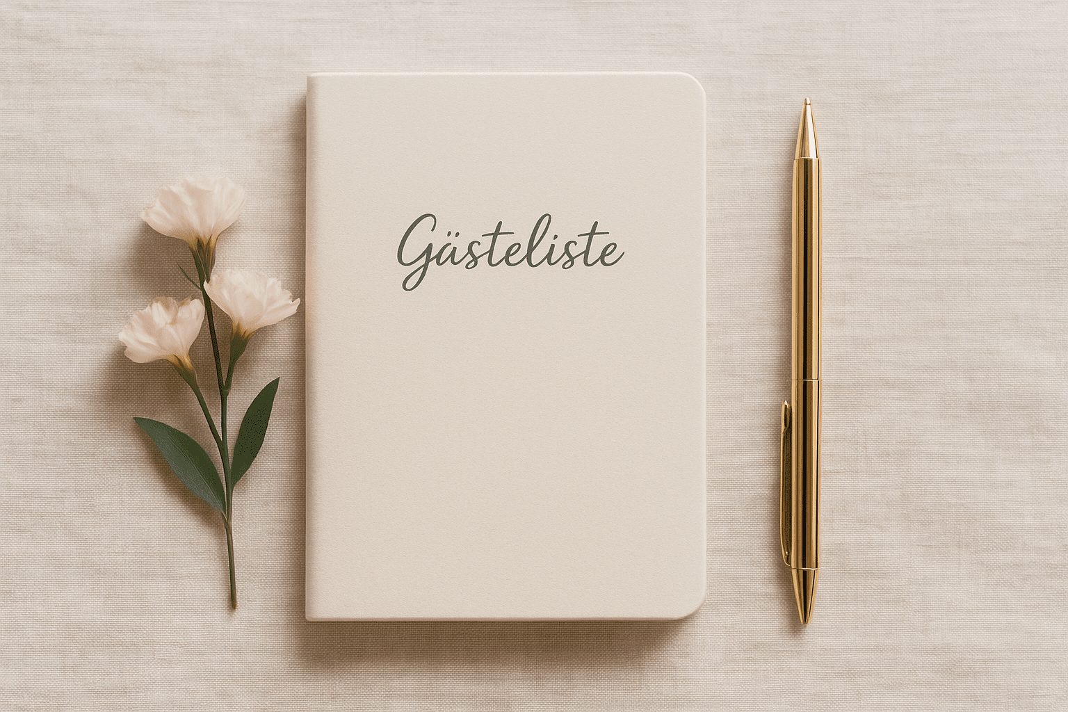 Ein Gästelistenbuch mit dem Titel 'Gästeliste', daneben eine weiße Blume und ein goldener Kugelschreiber auf hellem Stoffuntergrund.