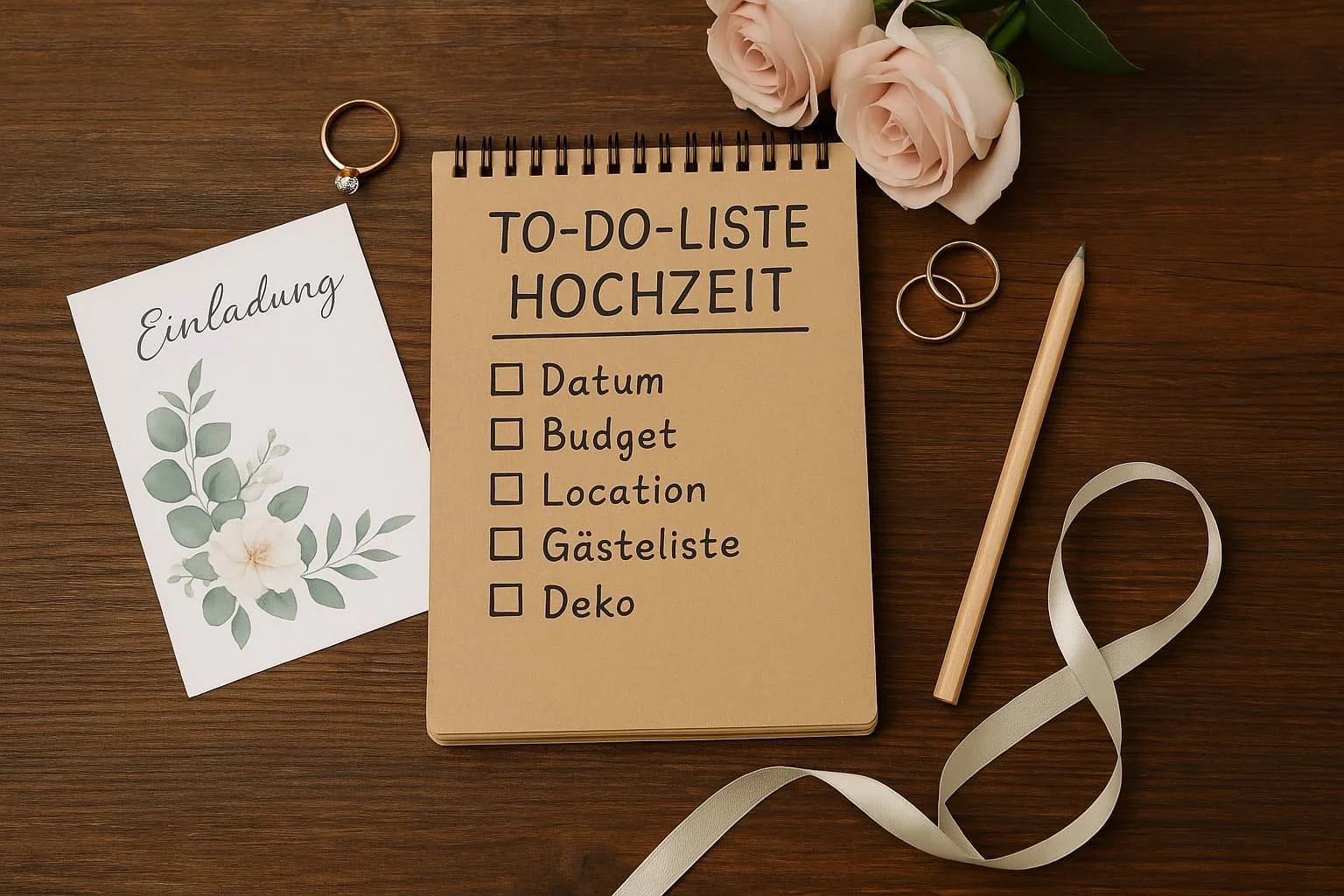 Hochzeit-Planungsliste auf einem Notizbuch, mit Brief, Ringen, Blumen, Kordel, einem Stift und einem Notizzettel